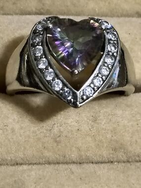 Heart Mystic Topaz W/ HQ CZ Halo Ring in Sterling Silver Size 9 Signed